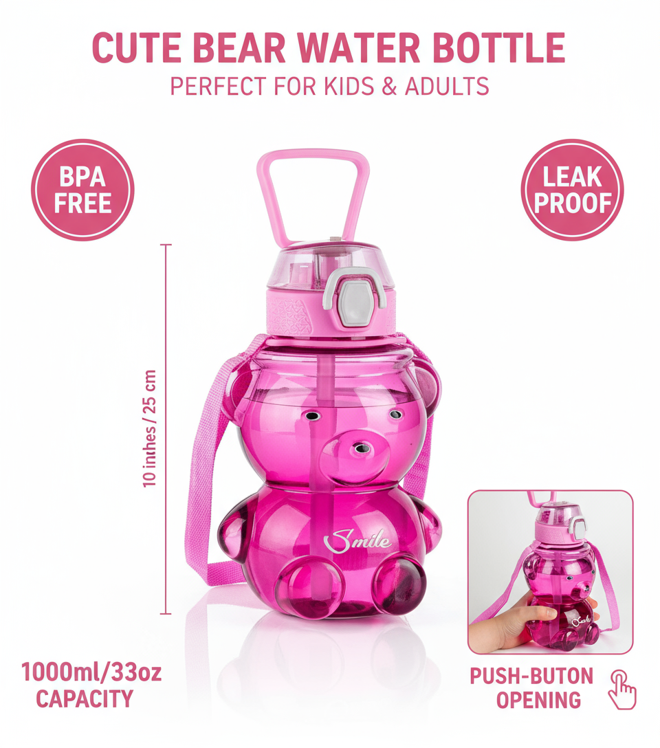 Kids Teddy Bear Water Bottle 1000ml || Pink, BPA-Free Plastic with Straw, Leakproof Lid and Carrying Strap