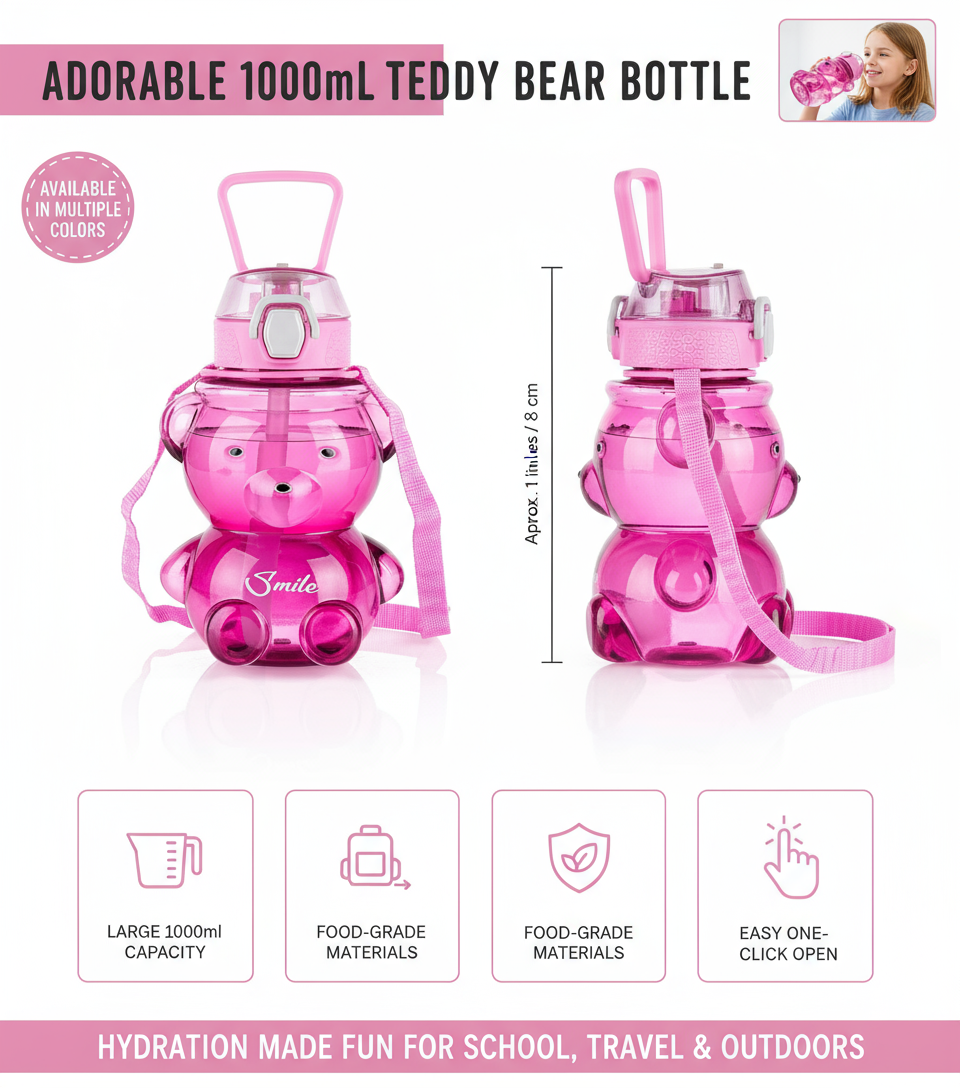 Kids Teddy Bear Water Bottle 1000ml || Pink, BPA-Free Plastic with Straw, Leakproof Lid and Carrying Strap