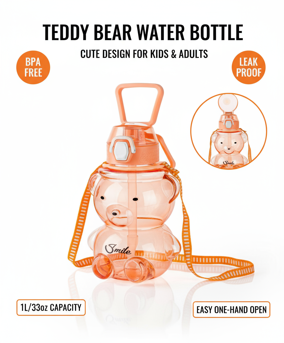 Kids Teddy Bear Water Bottle, 1000ml, Pink, BPA-Free Plastic with Straw, Leakproof Lid and Carrying Strap