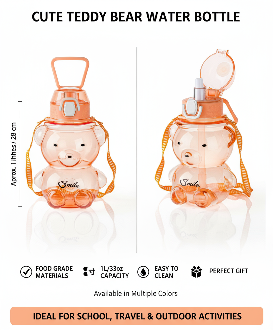 Kids Teddy Bear Water Bottle, 1000ml, Pink, BPA-Free Plastic with Straw, Leakproof Lid and Carrying Strap