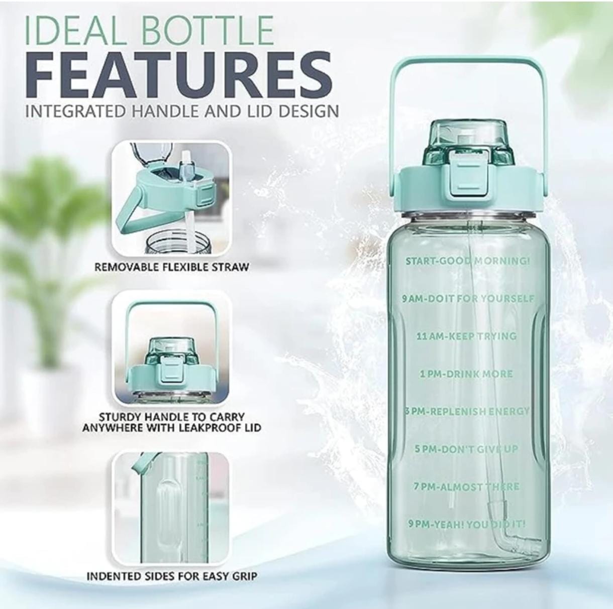 2L Motivational Water Bottle with Time Markers, One-Click Open Lid, Straw, Handle, Large 2000ml Capacity, Mint Green