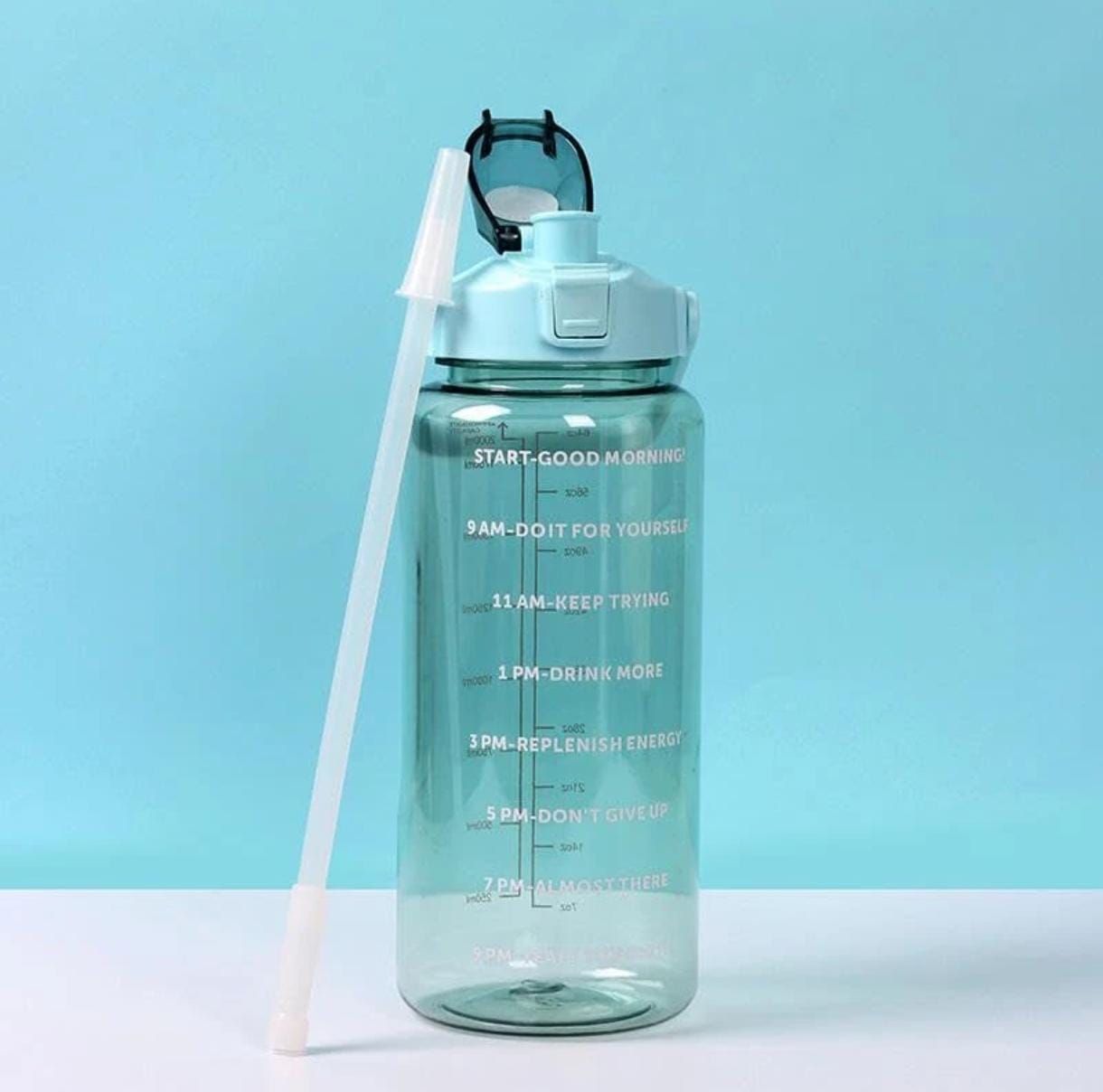2L Motivational Water Bottle with Time Markers, One-Click Open Lid, Straw, Handle, Large 2000ml Capacity, Mint Green