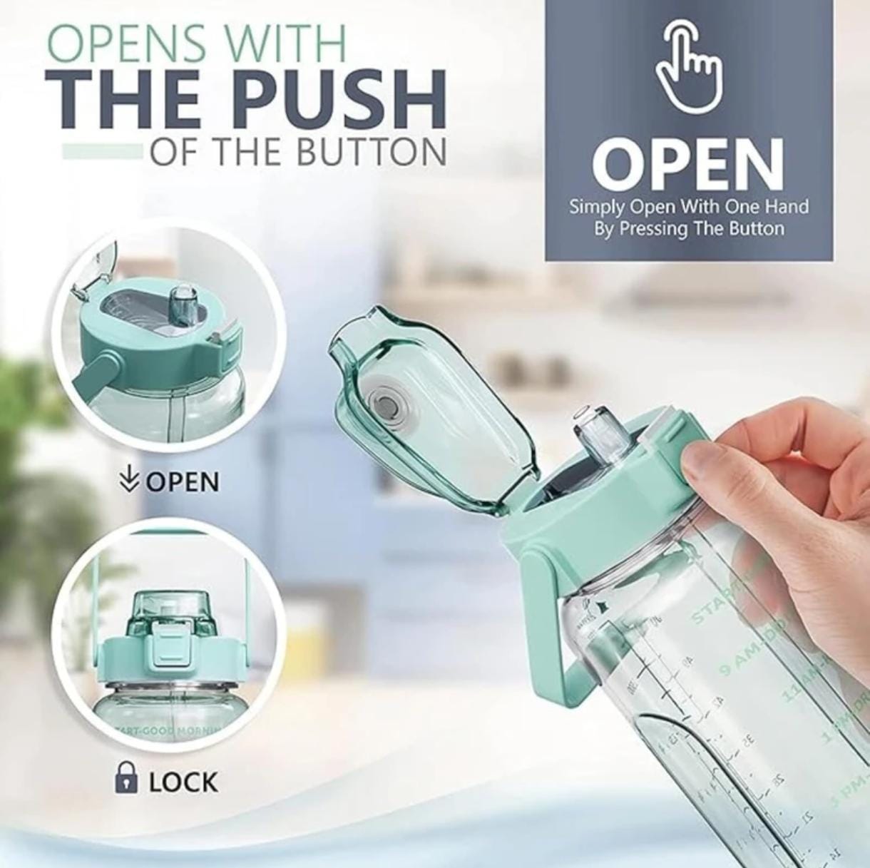 2L Motivational Water Bottle with Time Markers, One-Click Open Lid, Straw, Handle, Large 2000ml Capacity, Mint Green