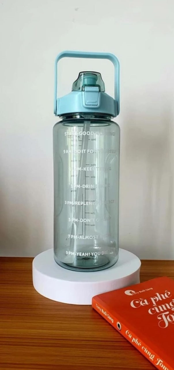 2L Motivational Water Bottle with Time Markers, One-Click Open Lid, Straw, Handle, Large 2000ml Capacity, Mint Green