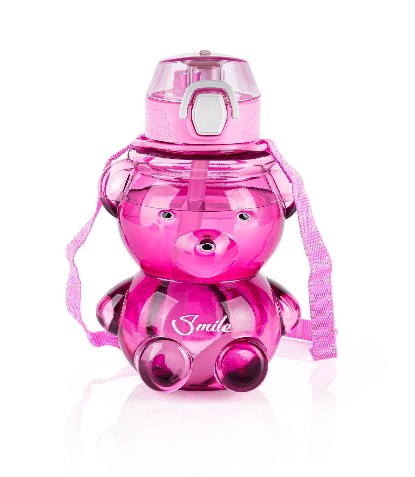 Kids Teddy Bear Water Bottle 1000ml || Pink, BPA-Free Plastic with Straw, Leakproof Lid and Carrying Strap