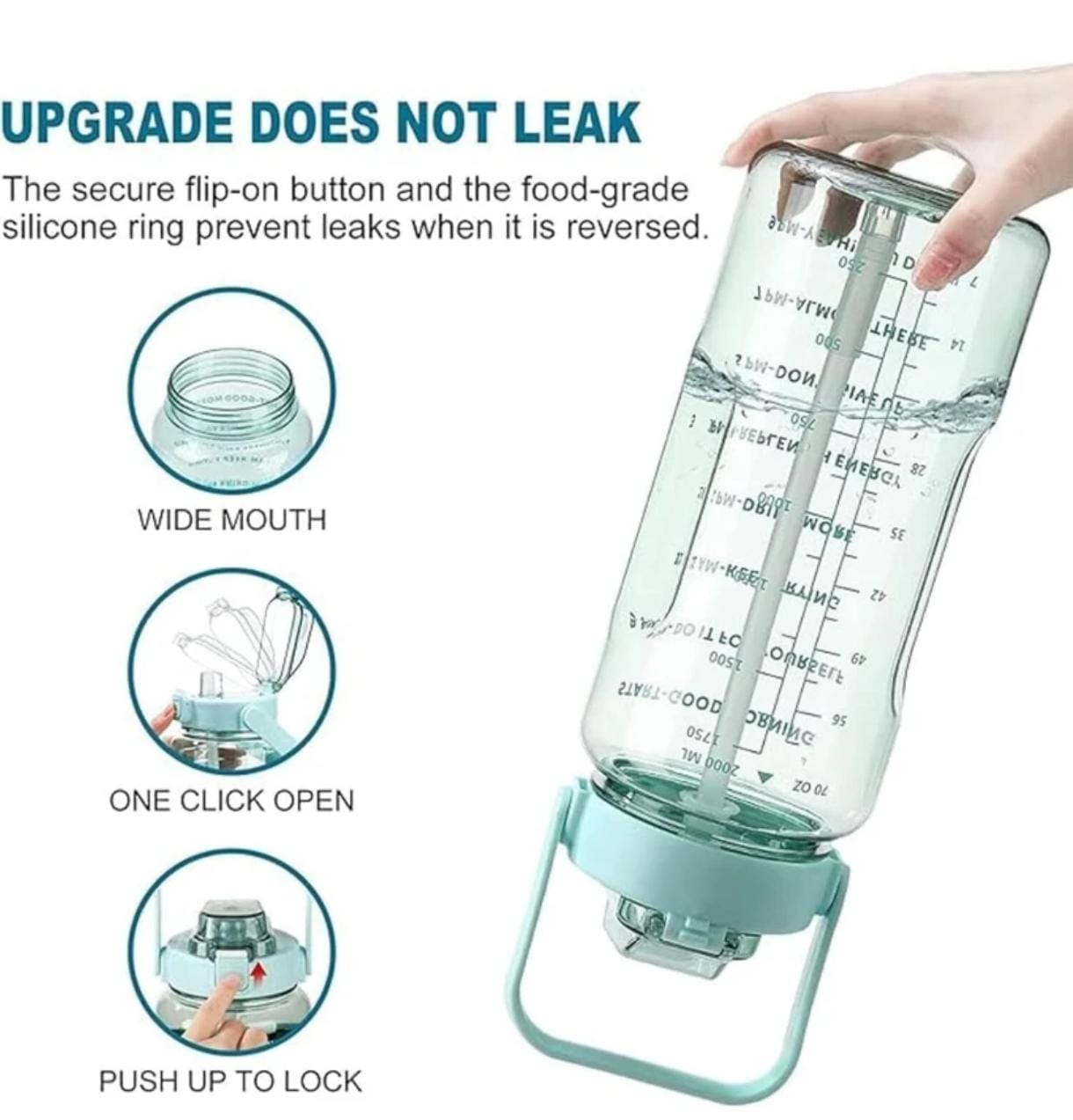 2 Litre Water Bottle with Time Marker – BPA Free, Leakproof, Large Capacity Sports & Gym Bottle with Handle- light Green