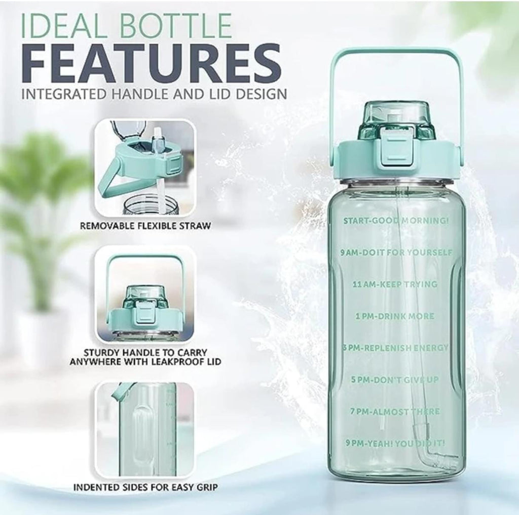 2 Litre Water Bottle with Time Marker – BPA Free, Leakproof, Large Capacity Sports & Gym Bottle with Handle- light Green