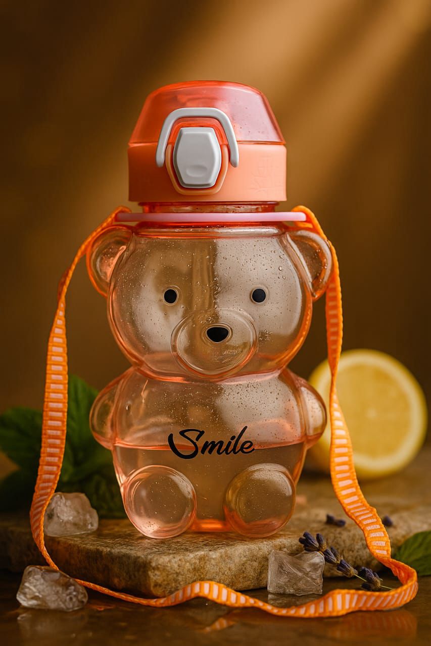 Kids Teddy Bear Water Bottle, 1000ml, Pink, BPA-Free Plastic with Straw, Leakproof Lid and Carrying Strap