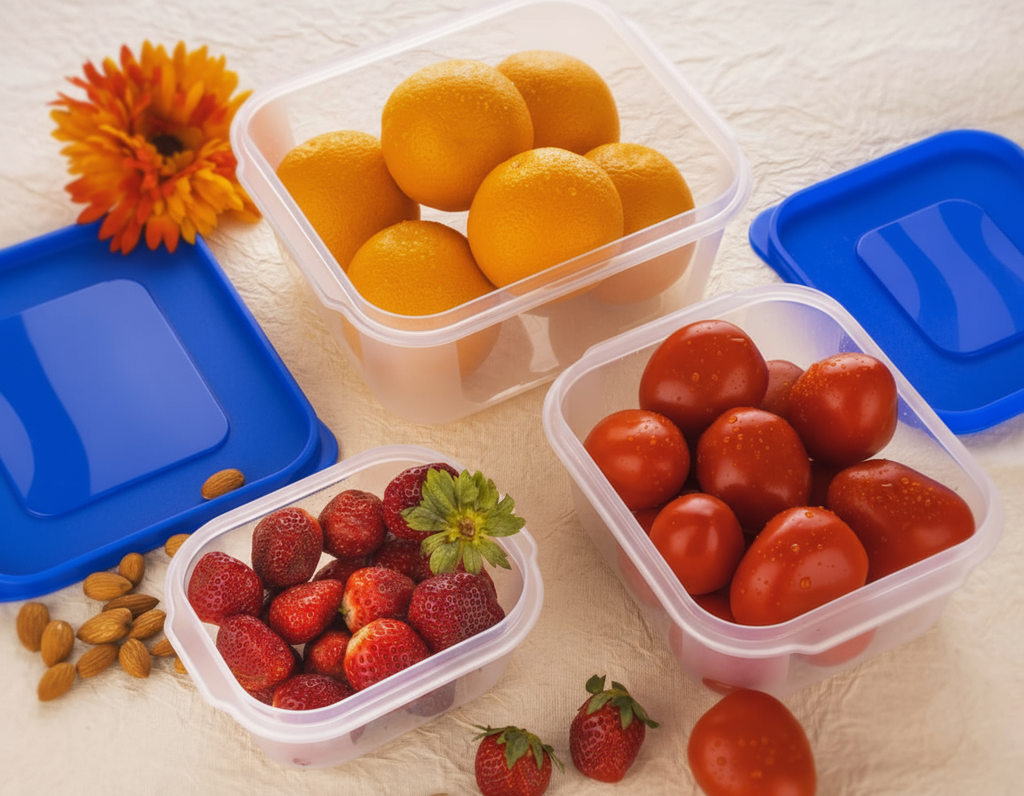 Square Food Storage Containers with Blue Lids_Set of 3: 2400ml * 1600ml* 800ml